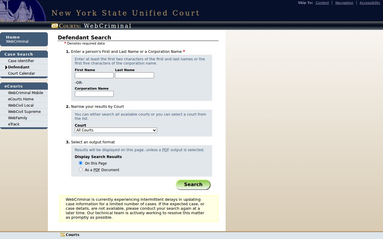 West Seneca resident lookup using New York WebCriminal defendant search