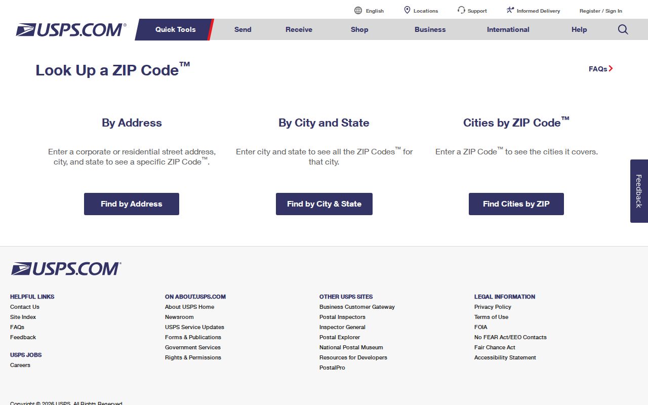 West Seneca ZIP code USPS address lookup screen